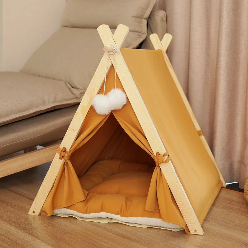 Pet tent cat litter with striped canvas cover and solid pine wood frame, L size 60x55x63cm