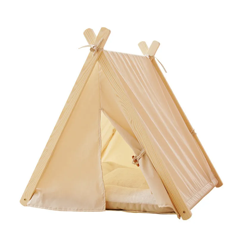 Pet tent cat litter with striped canvas cover and solid pine wood frame, L size 60x55x63cm