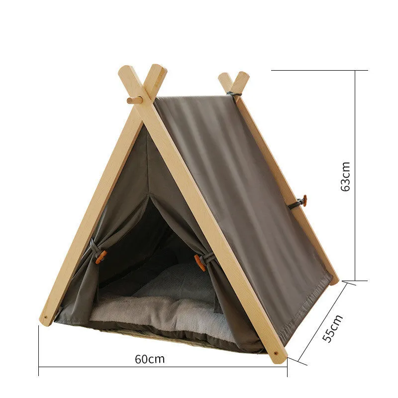 Pet tent cat litter with striped canvas cover and solid pine wood frame, L size 60x55x63cm