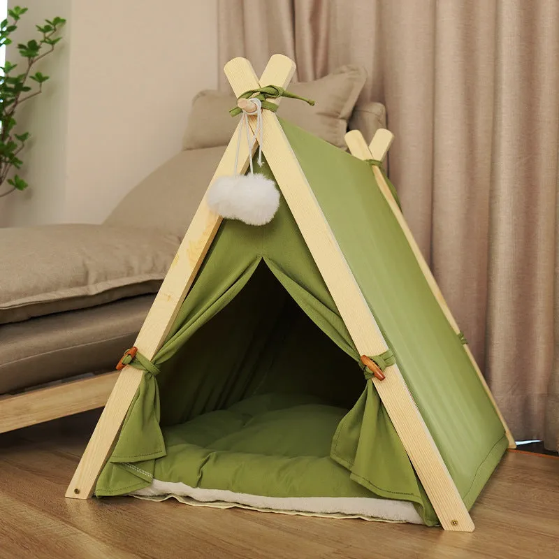 Pet tent cat litter with striped canvas cover and solid pine wood frame, L size 60x55x63cm