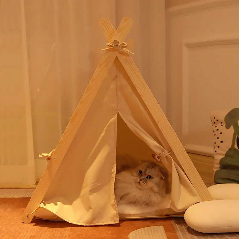 Pet tent cat litter with striped canvas cover and solid pine wood frame, L size 60x55x63cm