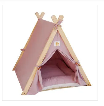 Pet tent cat litter with striped canvas cover and solid pine wood frame, L size 60x55x63cm