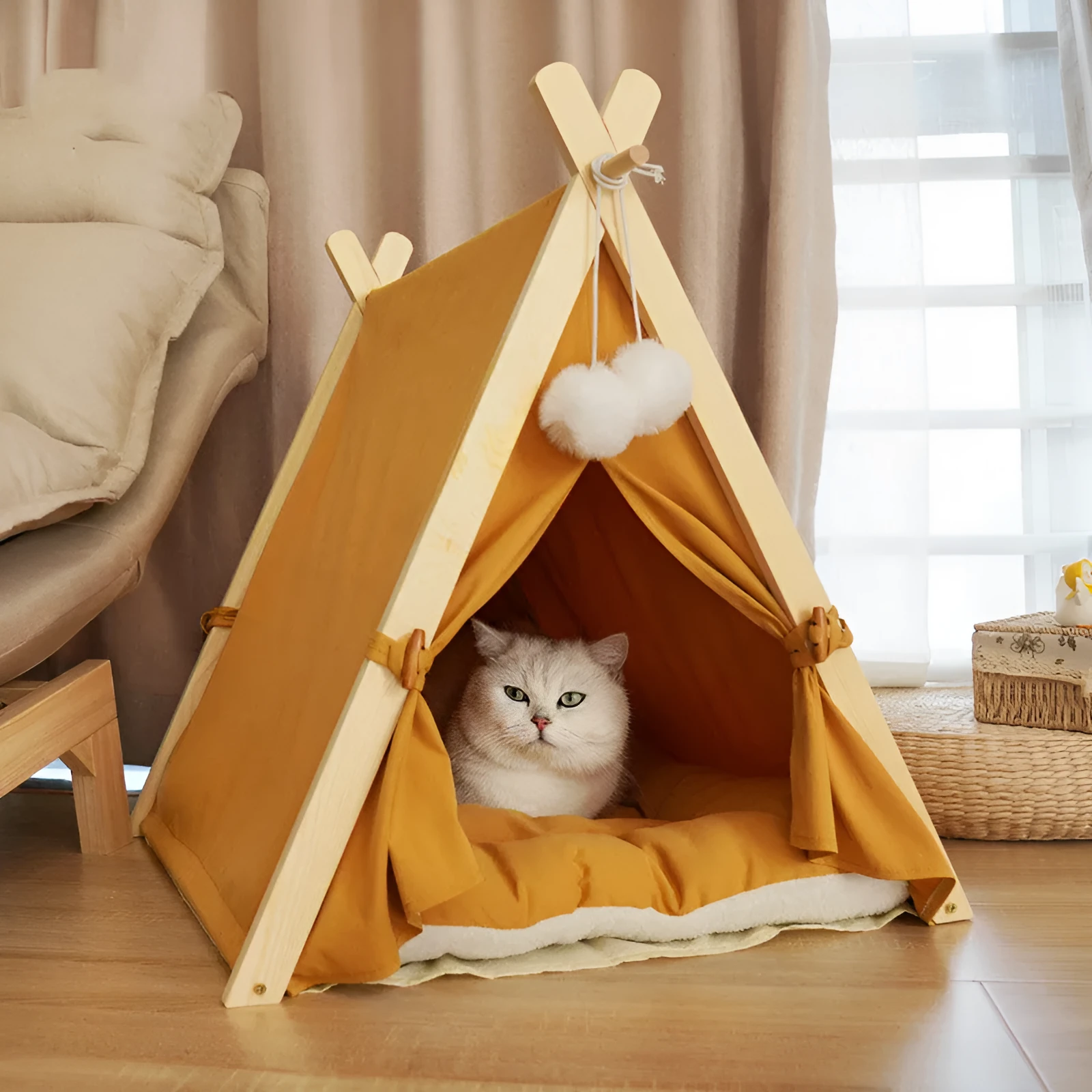 Pet tent cat litter with striped canvas cover and solid pine wood frame, L size 60x55x63cm