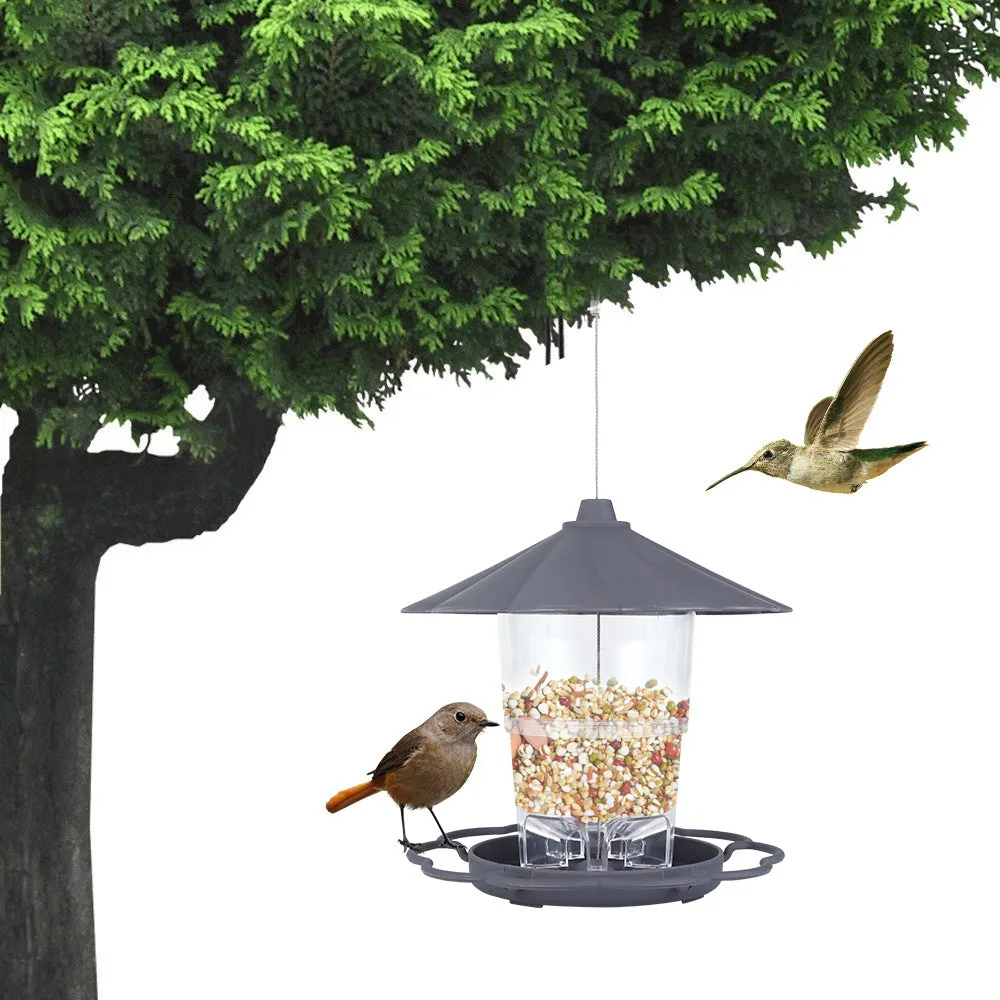 Collapsible wild birds feeder hanging birdcage with removable roof and large capacity bowls in outdoor garden setting