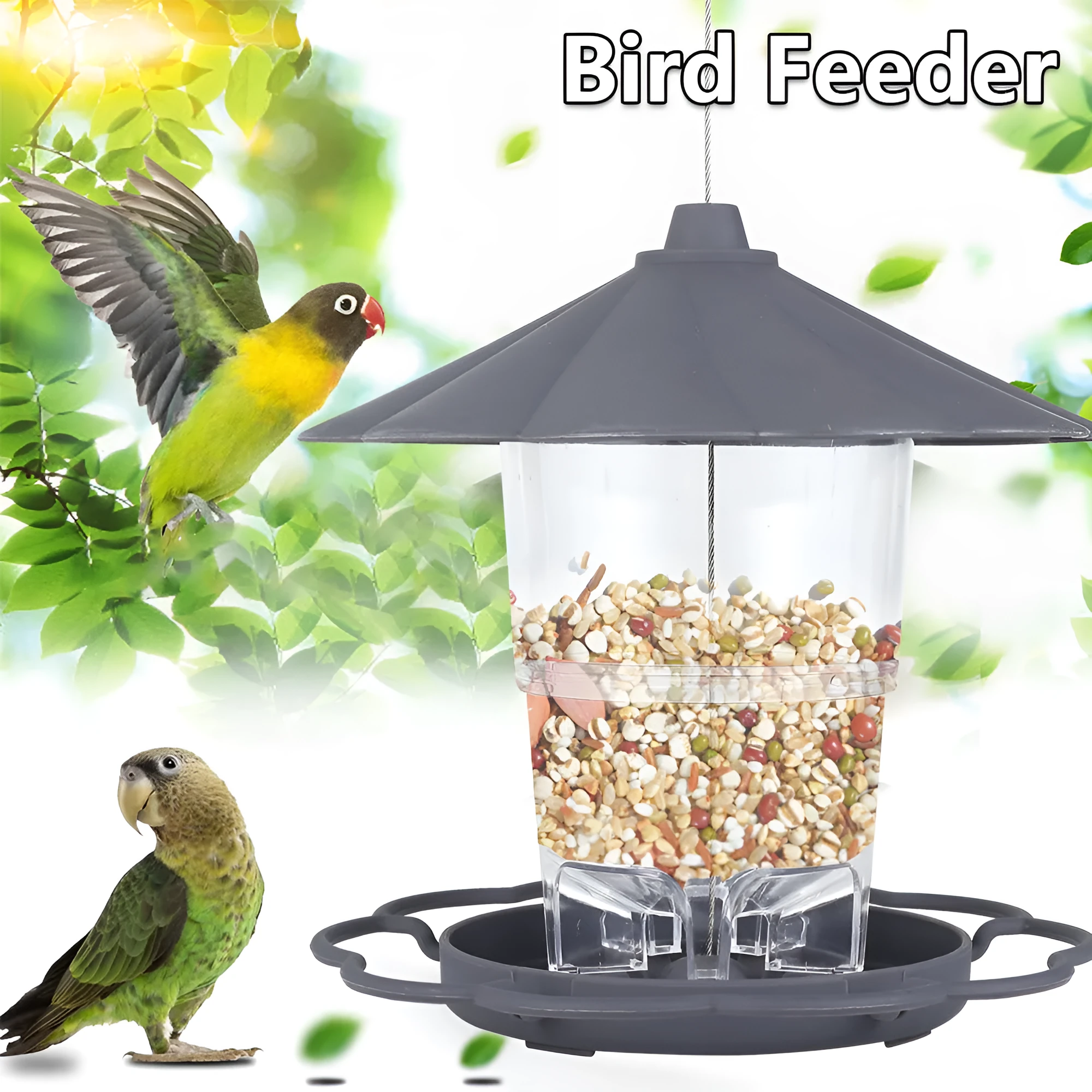 Collapsible wild birds feeder hanging birdcage with removable roof and large capacity bowls in outdoor garden setting