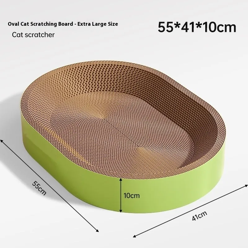 Green oval corrugated paper cat scratch board and nest, 55cm in diameter.