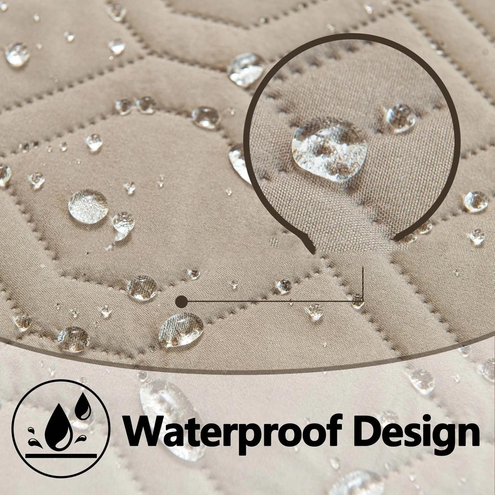 Double-sided waterproof dog sofa cushion showing contrasting colour options and multiple size measurements