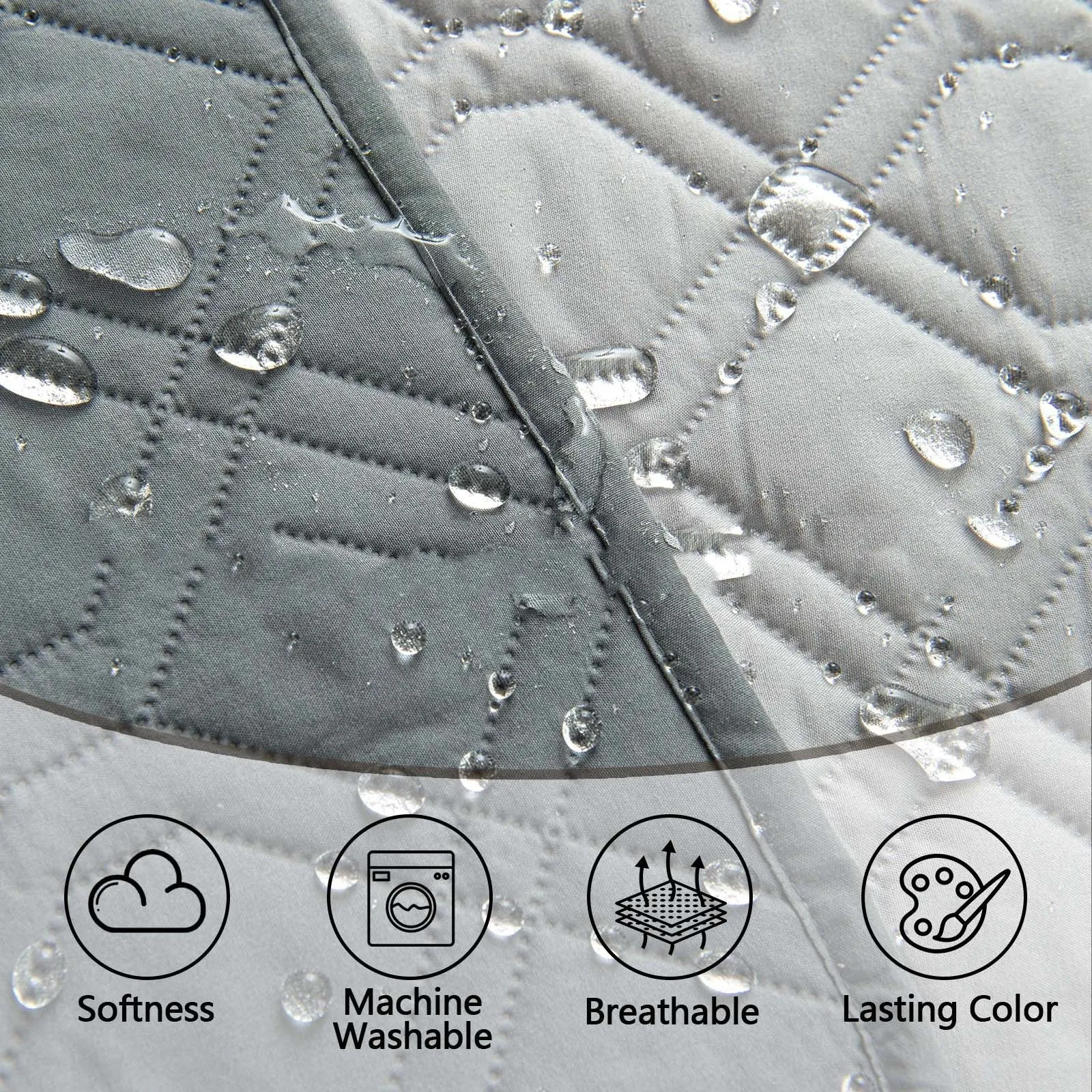 Double-sided waterproof dog sofa cushion showing contrasting colour options and multiple size measurements