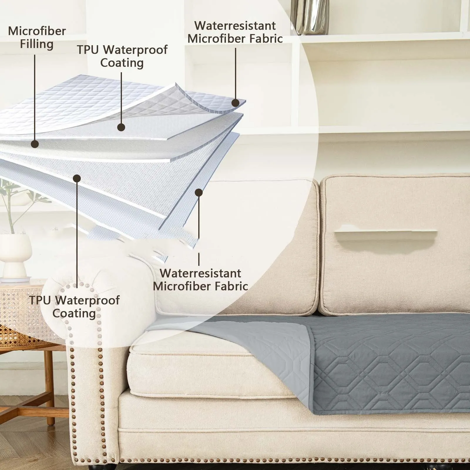 Double-sided waterproof dog sofa cushion showing contrasting colour options and multiple size measurements