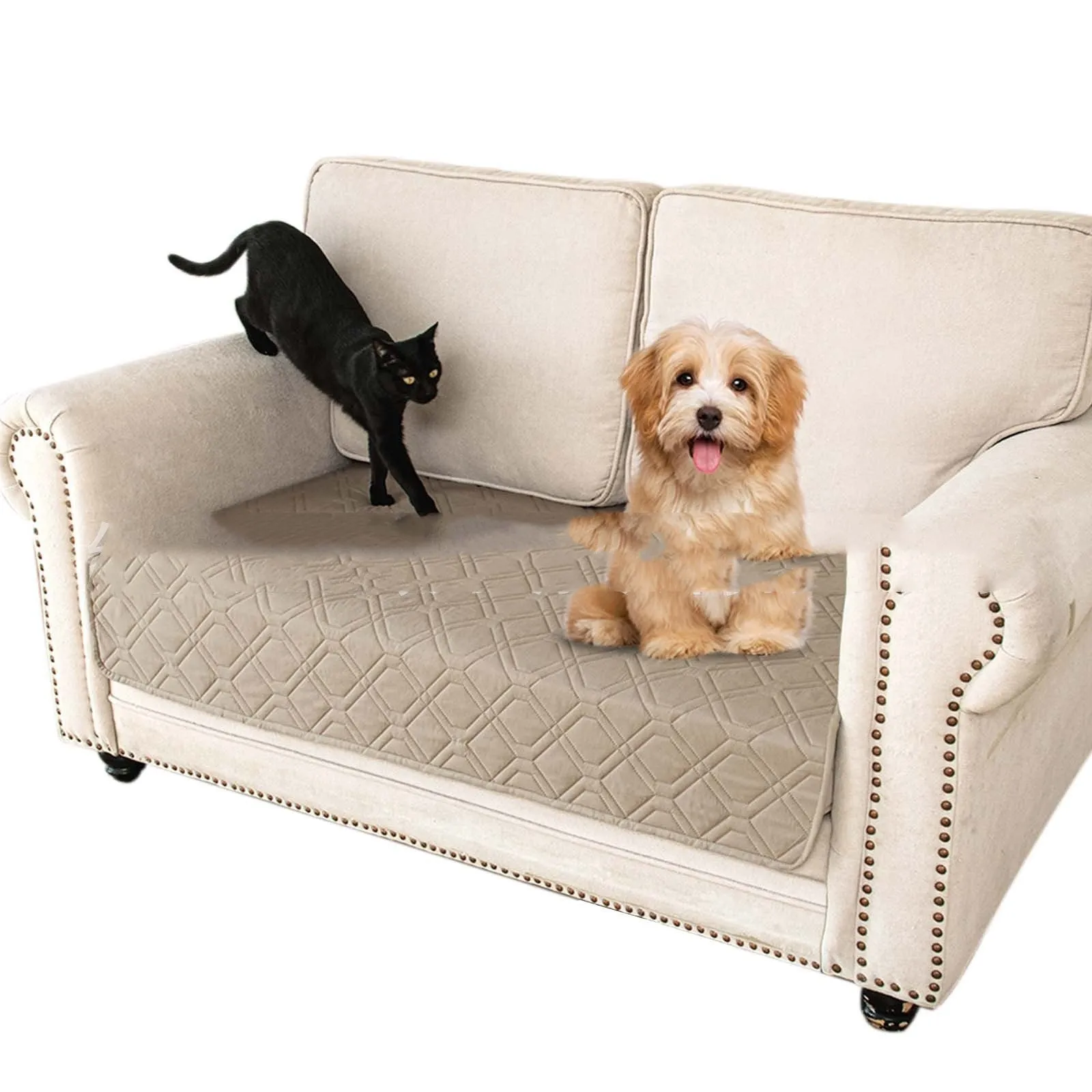 Double-sided waterproof dog sofa cushion showing contrasting colour options and multiple size measurements