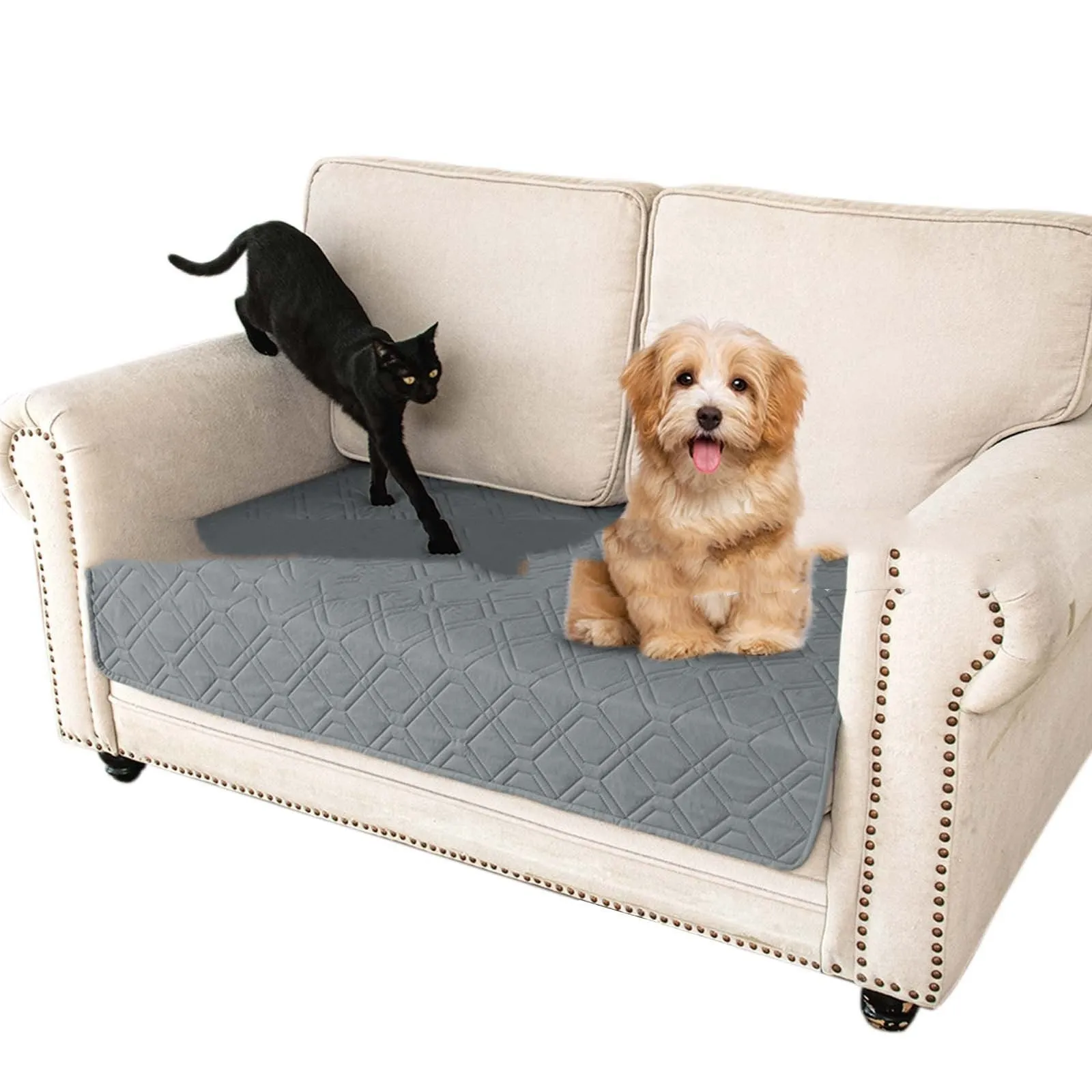 Double-sided waterproof dog sofa cushion showing contrasting colour options and multiple size measurements