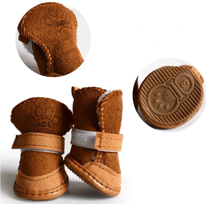 Khaki velvet dog snow boots set of four for small medium dogs winter warm paw protection
