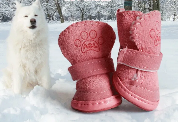 Khaki velvet dog snow boots set of four for small medium dogs winter warm paw protection
