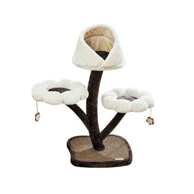 Beige flower cat climbing frame with nest platform and grasping board, 162cm tall, iron and plush construction