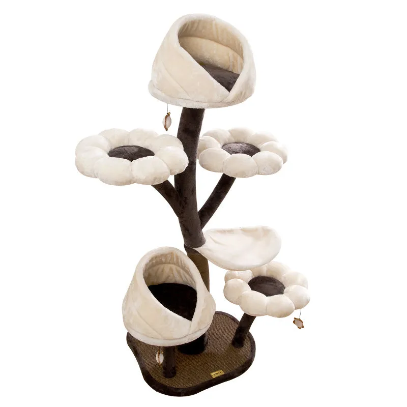 Beige flower cat climbing frame with nest platform and grasping board, 162cm tall, iron and plush construction