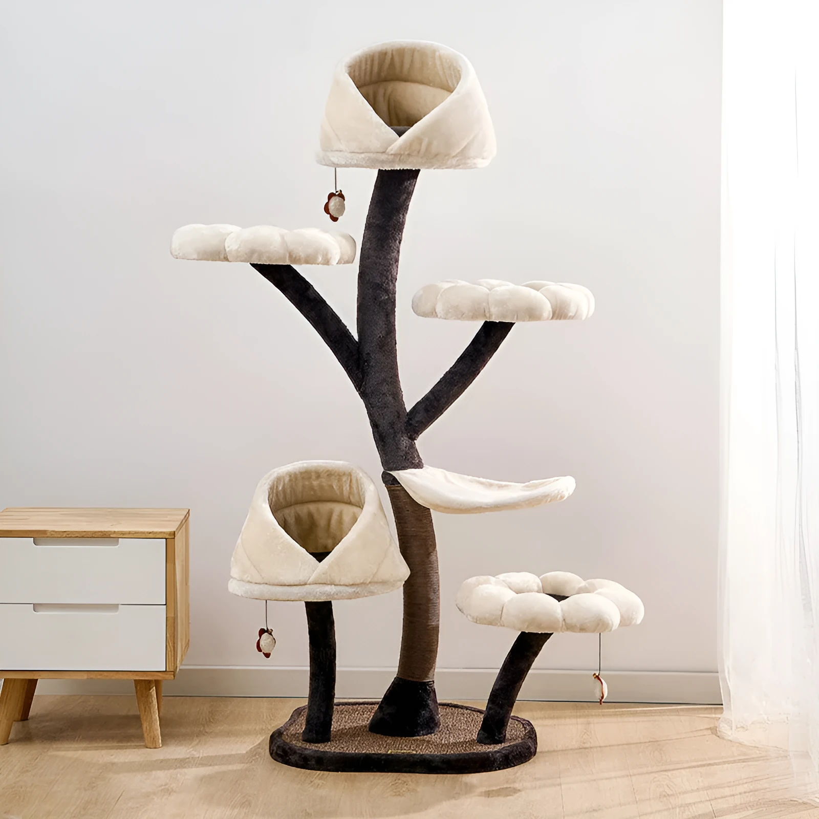 Beige flower cat climbing frame with nest platform and grasping board, 162cm tall, iron and plush construction