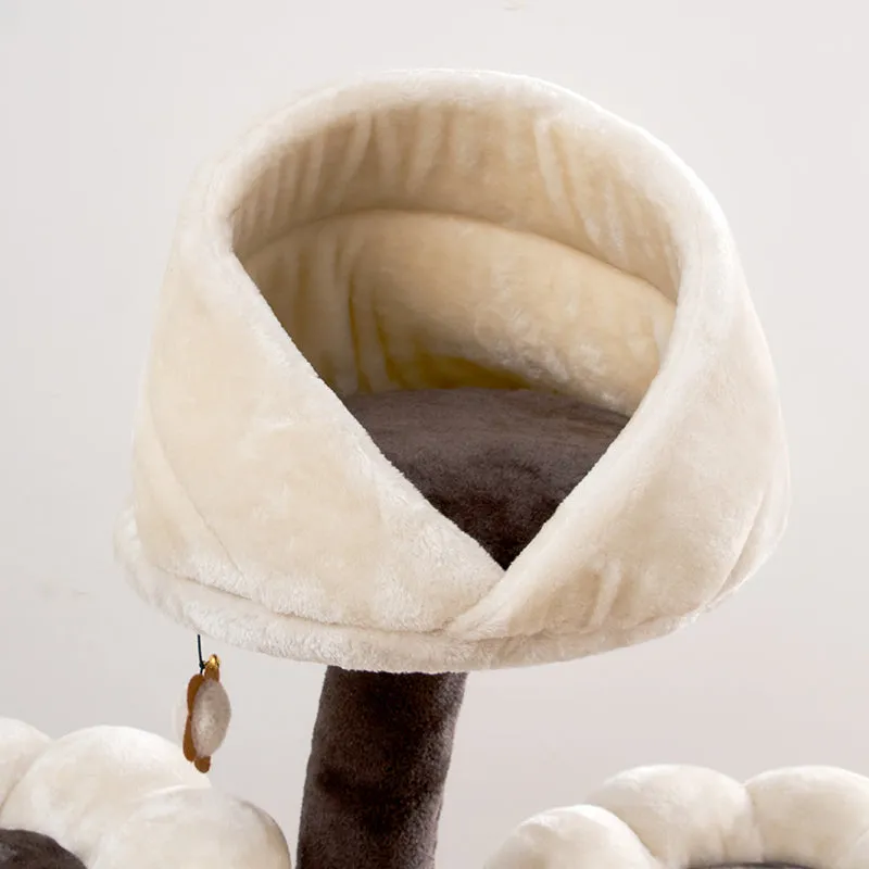 Beige flower cat climbing frame with nest platform and grasping board, 162cm tall, iron and plush construction