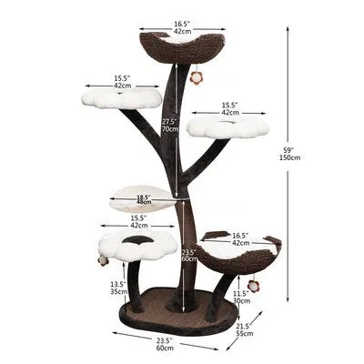 Beige flower cat climbing frame with nest platform and grasping board, 162cm tall, iron and plush construction