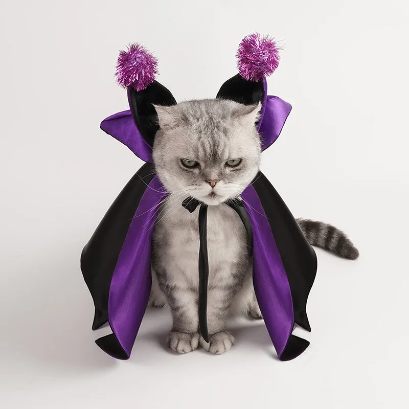 Halloween pet demon cloak and horn hat costume in polyester bat cape style for cats and dogs