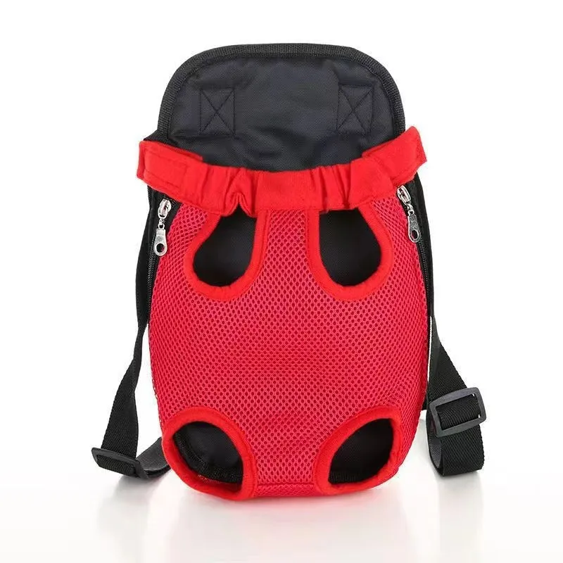 A small dog sitting in a breathable mesh carrier backpack worn on a person's front.