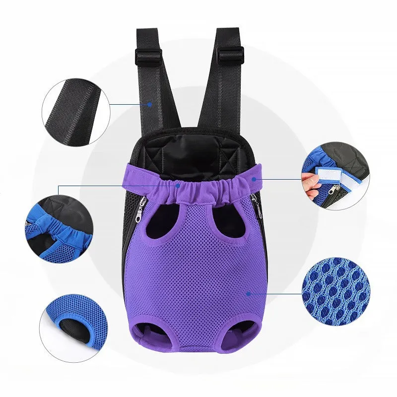 A small dog sitting in a breathable mesh carrier backpack worn on a person's front.