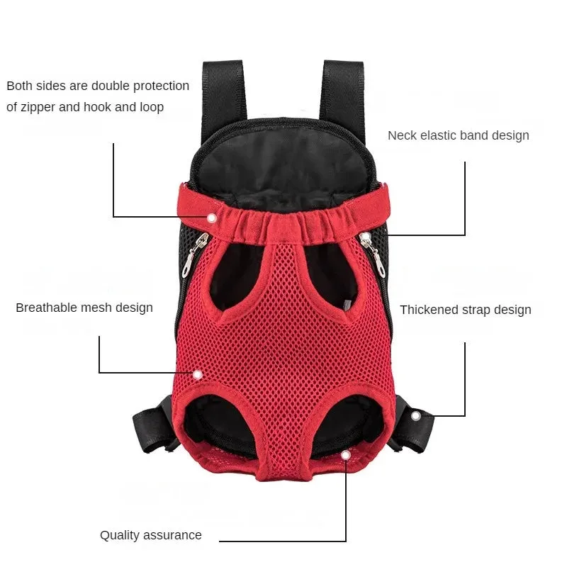 A small dog sitting in a breathable mesh carrier backpack worn on a person's front.