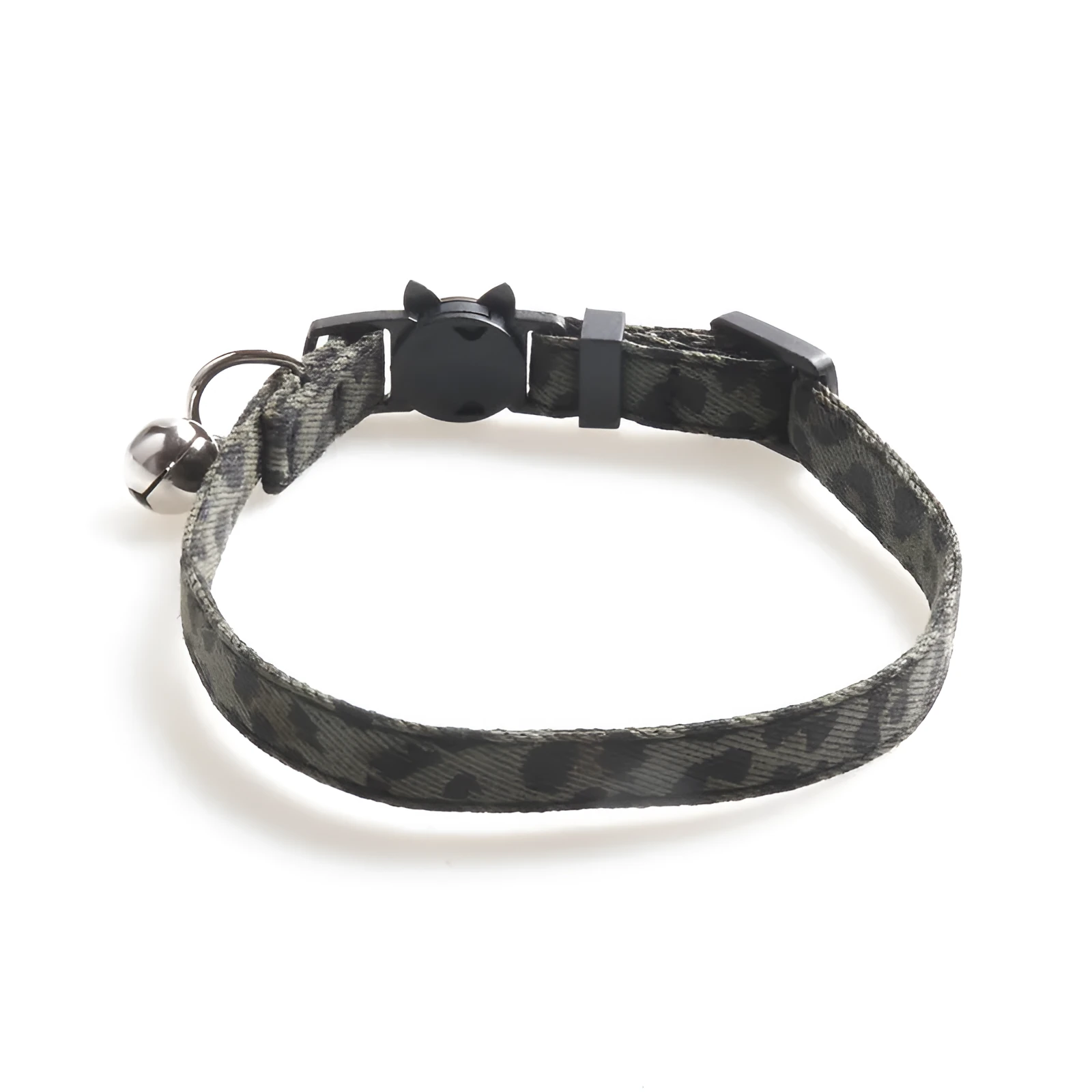 Brown cloth cat collar with attached bell on a white background