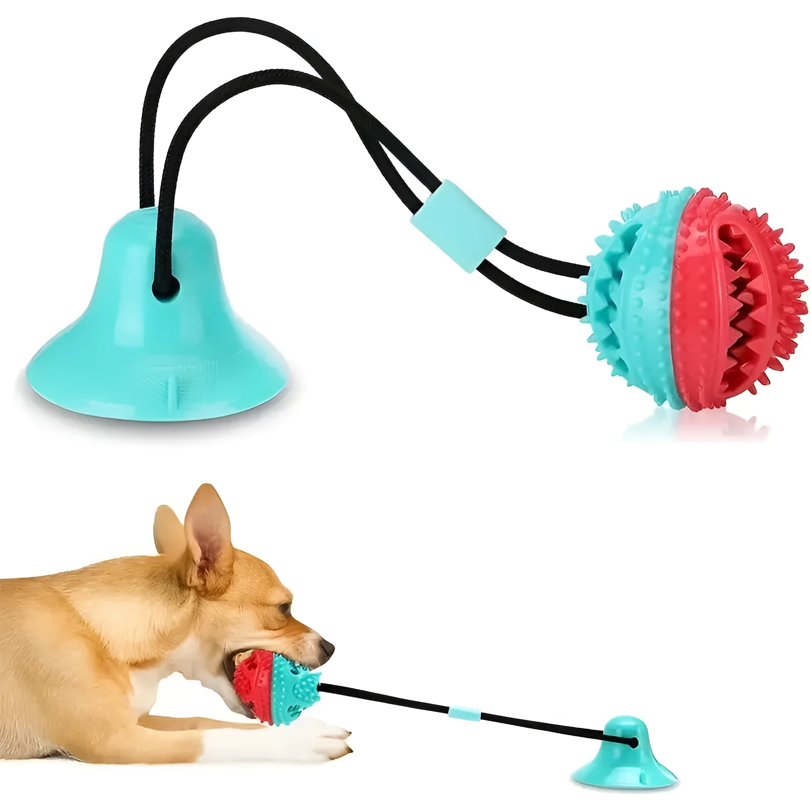 Blue suction cup tug-of-war dog toy with rope and treat-dispensing ball for aggressive chewers