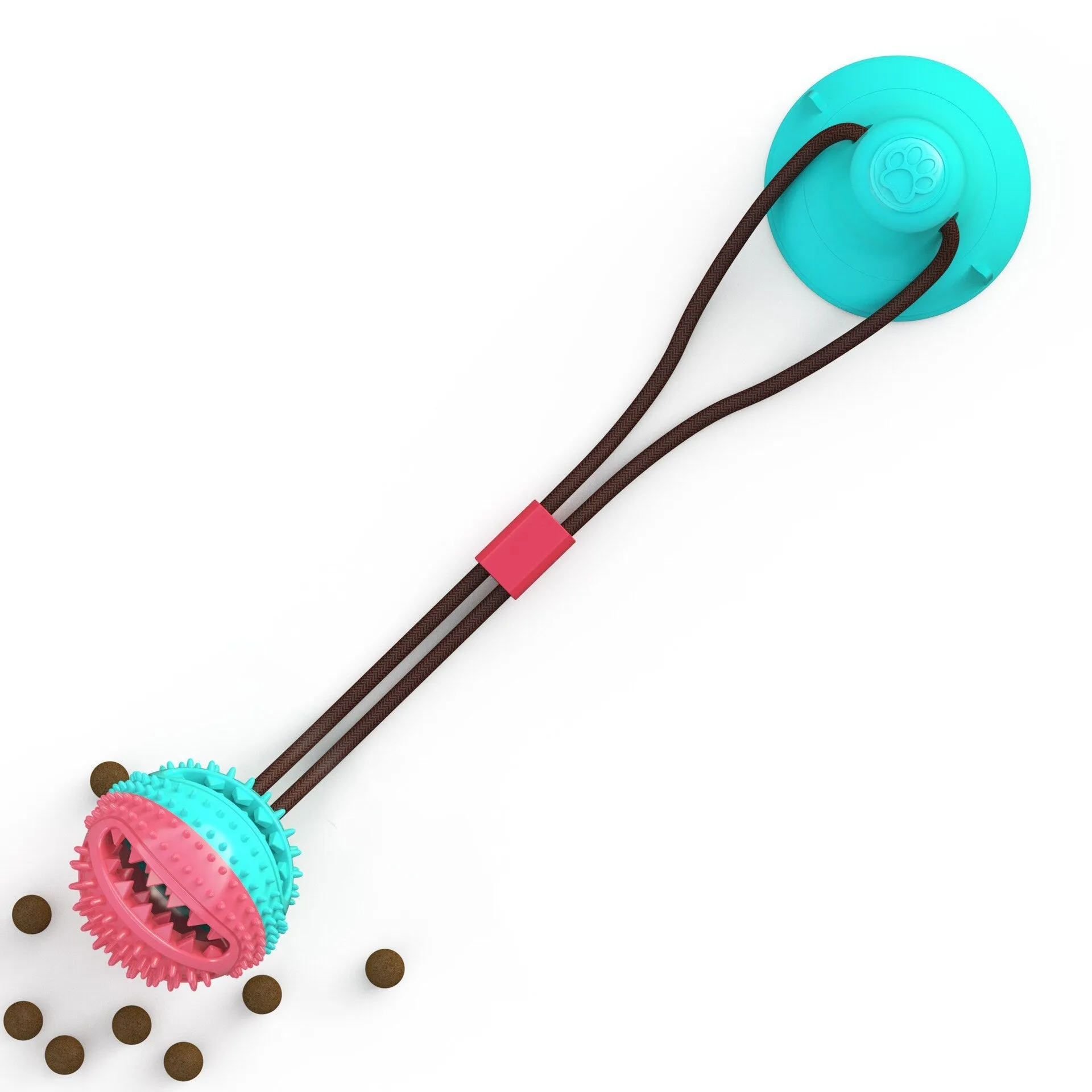 Blue suction cup tug-of-war dog toy with rope and treat-dispensing ball for aggressive chewers