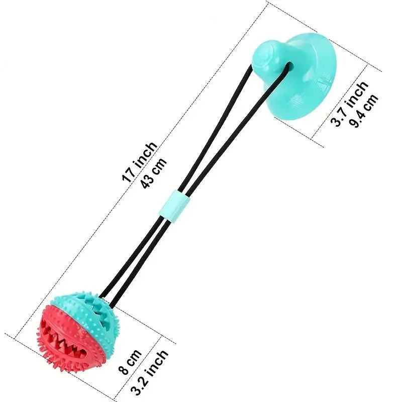 Blue suction cup tug-of-war dog toy with rope and treat-dispensing ball for aggressive chewers
