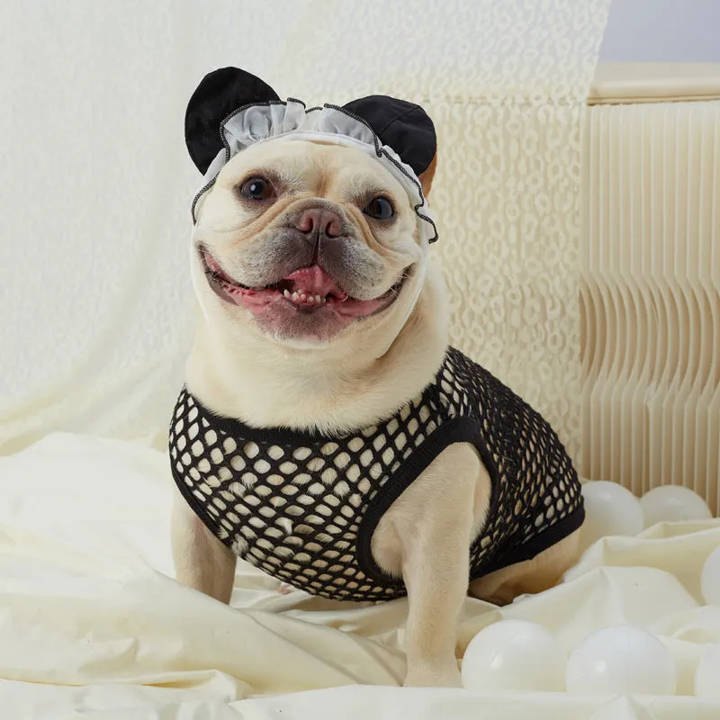 Hollow mesh dog vest clothing in elastic large mesh for summer, shown in black colour, size M