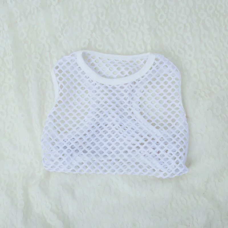 Hollow mesh dog vest clothing in elastic large mesh for summer, shown in black colour, size M
