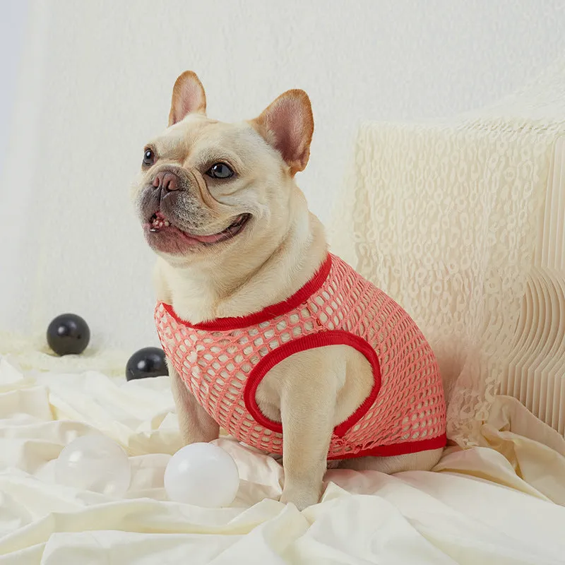 Hollow mesh dog vest clothing in elastic large mesh for summer, shown in black colour, size M