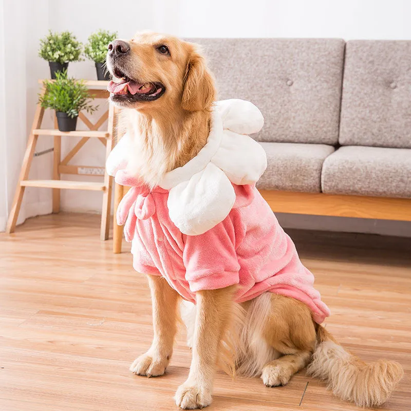 Big dog wearing flannel transformation top in pink sunflower print, size 4XL