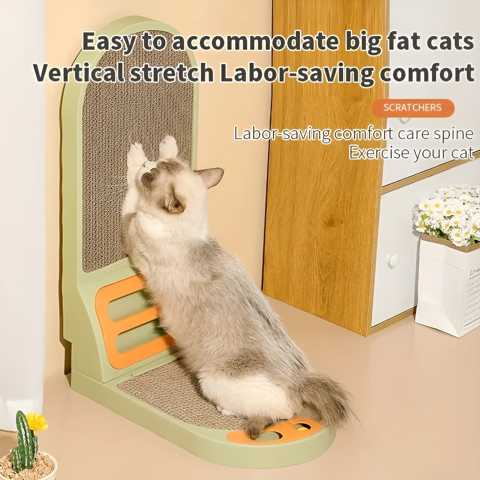 L-shape vertical cat scratching board with corrugated cardboard surface in grey, green or white colour options