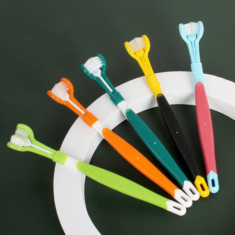Three-head plastic pet toothbrush in 175x24x15mm size for oral cleaning, available in five colours