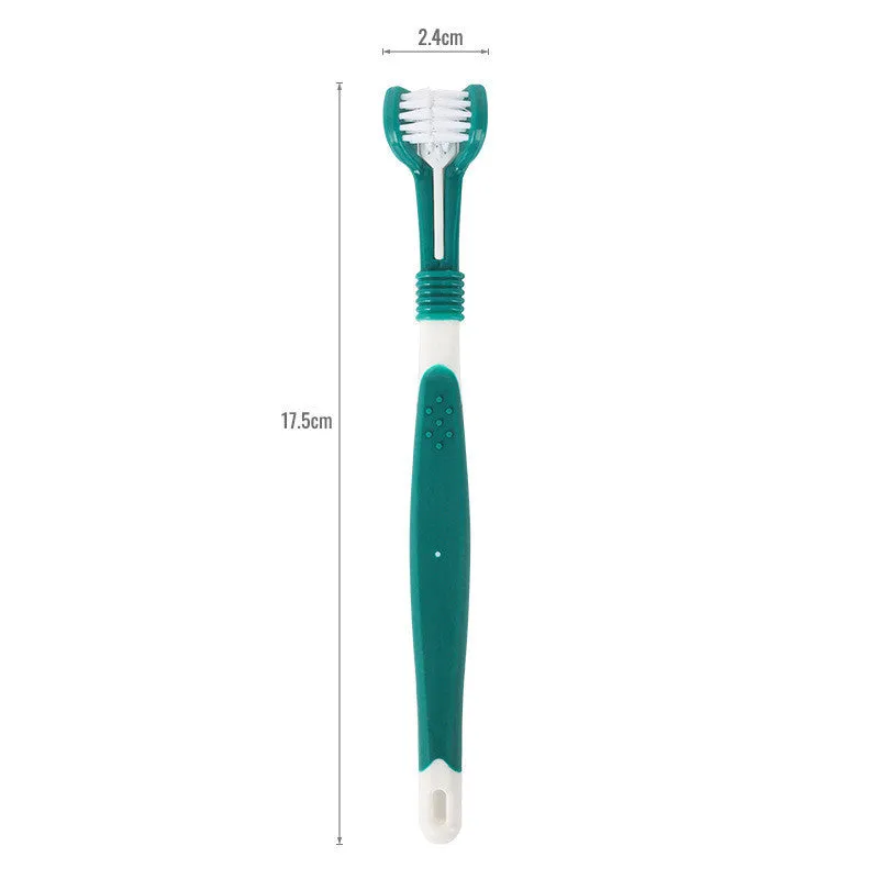 Three-head plastic pet toothbrush in 175x24x15mm size for oral cleaning, available in five colours