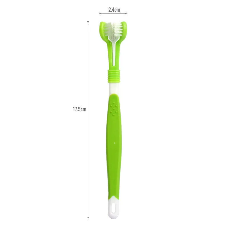 Three-head plastic pet toothbrush in 175x24x15mm size for oral cleaning, available in five colours