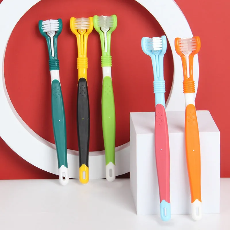 Three-head plastic pet toothbrush in 175x24x15mm size for oral cleaning, available in five colours