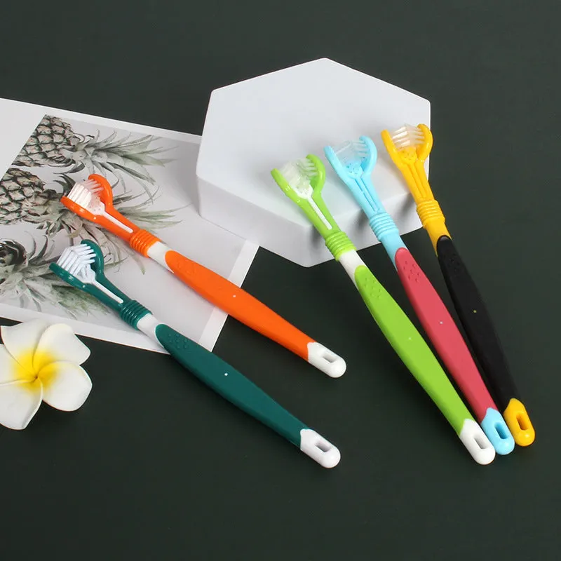 Three-head plastic pet toothbrush in 175x24x15mm size for oral cleaning, available in five colours