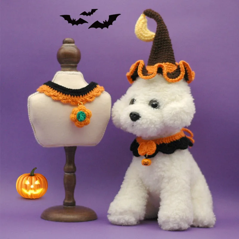 Hand-crocheted wool Halloween pet collar with pumpkin design in adjustable sizes for cats and dogs