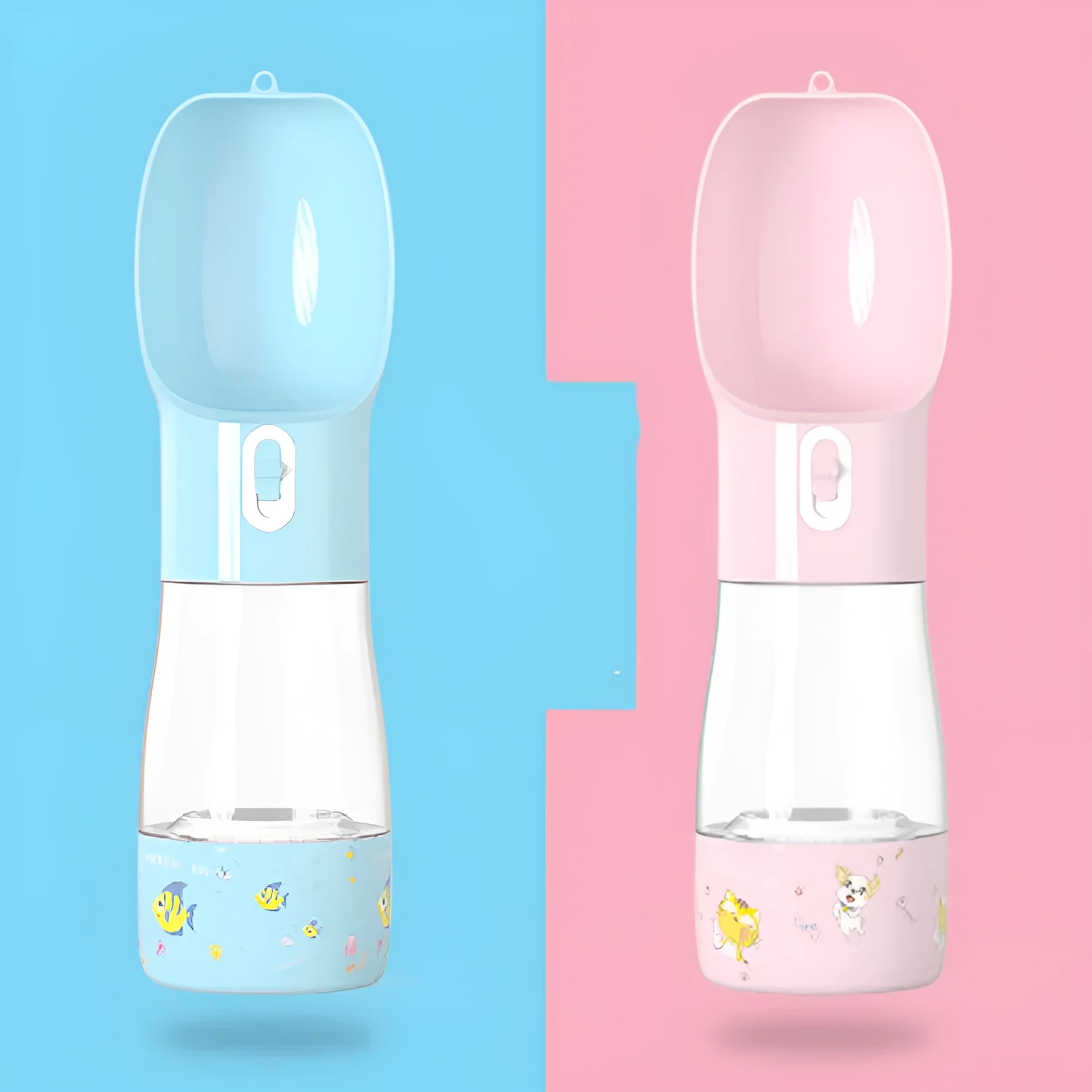 Travel Out portable dog food water cup with blue printed design, 258ml water capacity