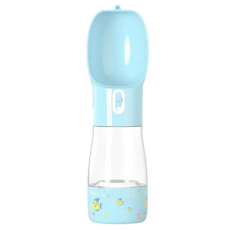 Travel Out portable dog food water cup with blue printed design, 258ml water capacity