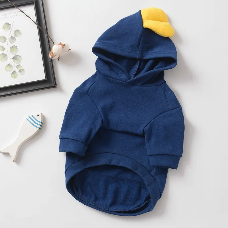 Blue pet dog sweatshirt in cotton wool pull frame, casual unisex style on a small dog