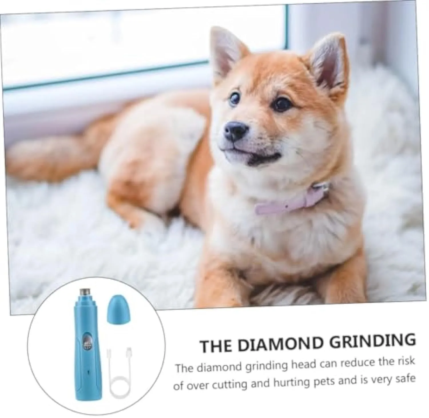 Blue electric pet nail grinder with diamond head on white background, 15.3 cm long