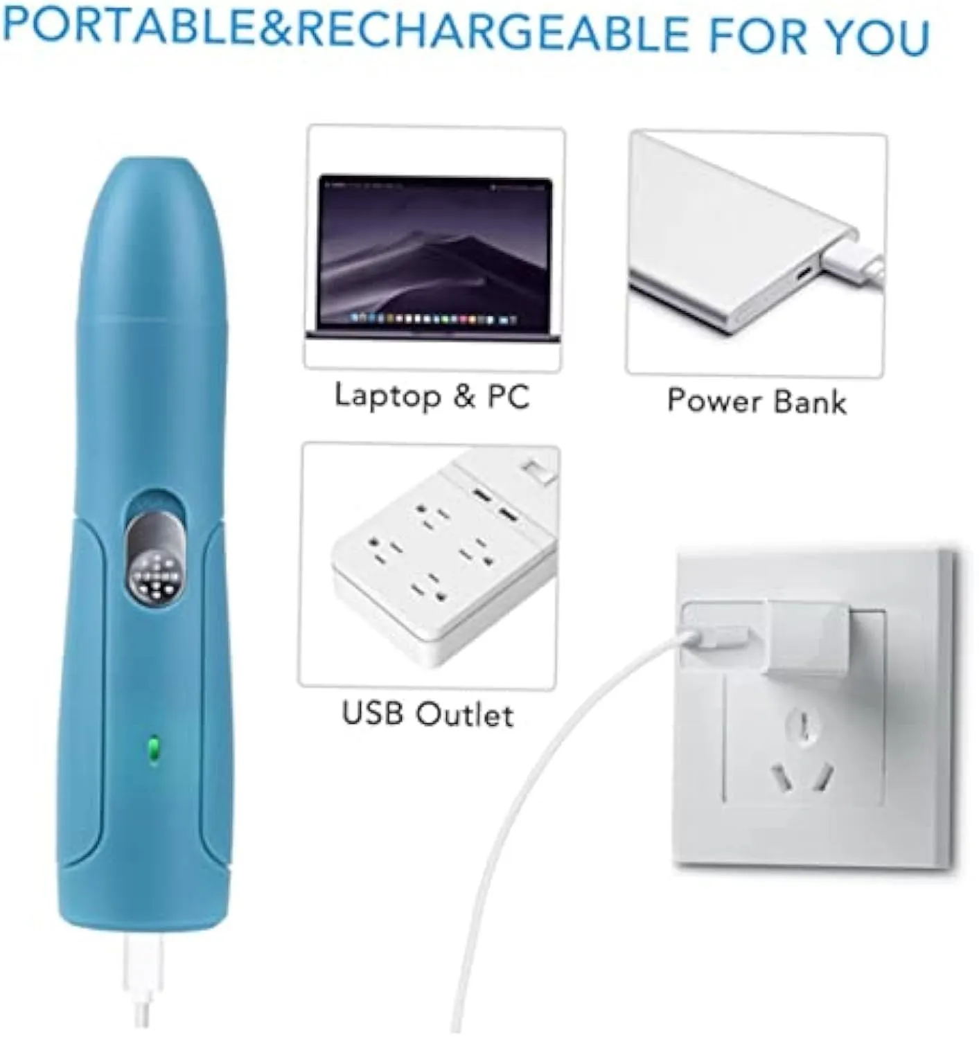 Blue electric pet nail grinder with diamond head on white background, 15.3 cm long