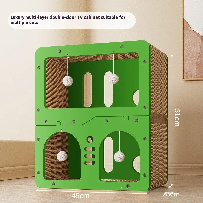Double layer cat scratching board with integrated cat nest in a choice of decorative styles.