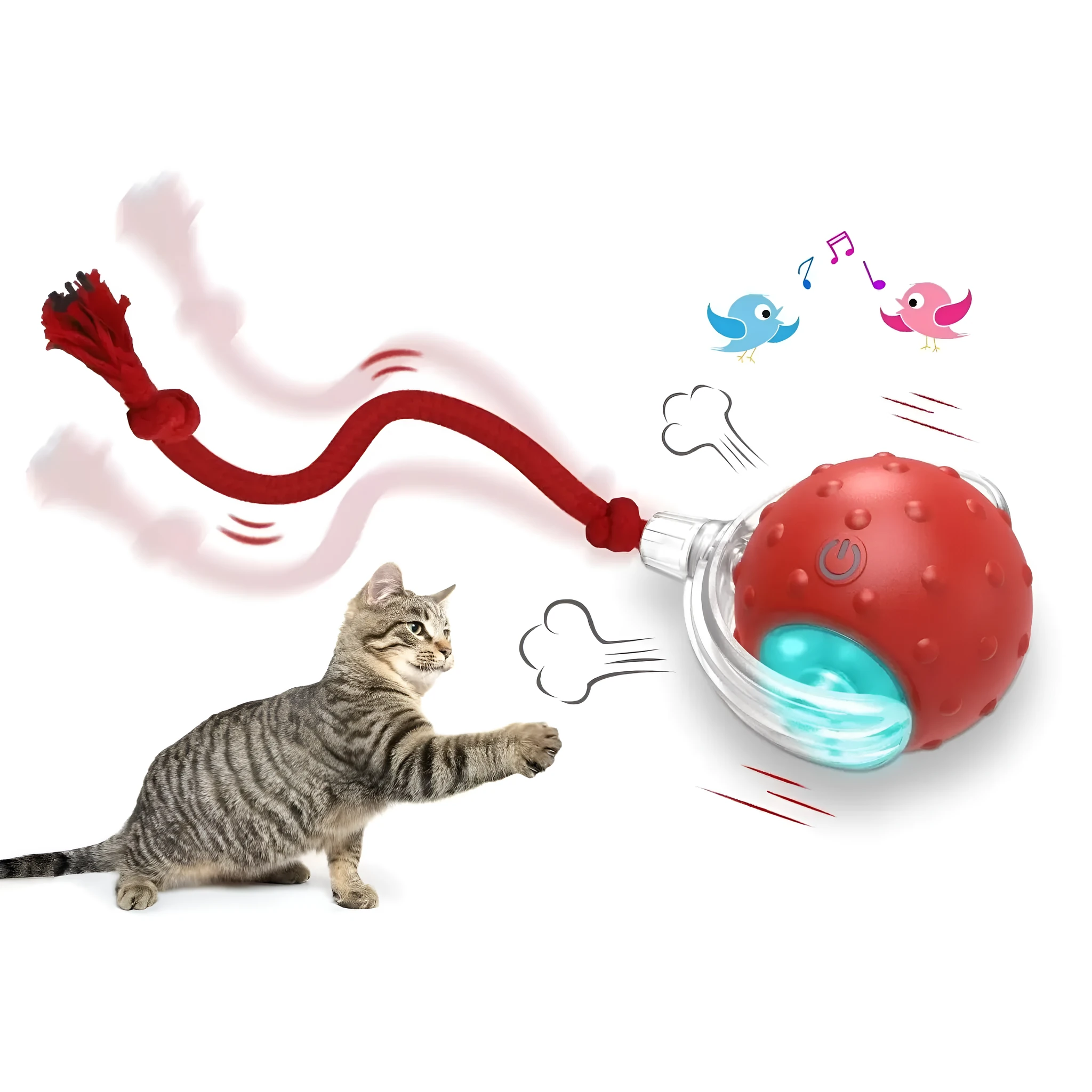 Interactive electronic cat toy ball with coloured indicator lights for different play modes