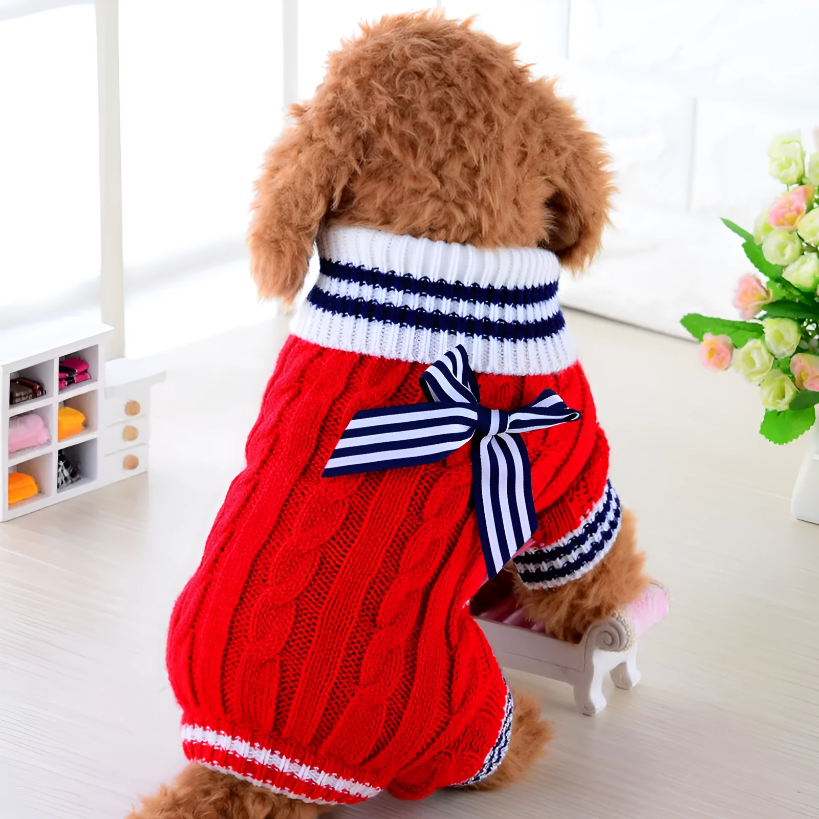 Wool dog pet sweater in blue, four-legged casual coat for small dogs, size medium