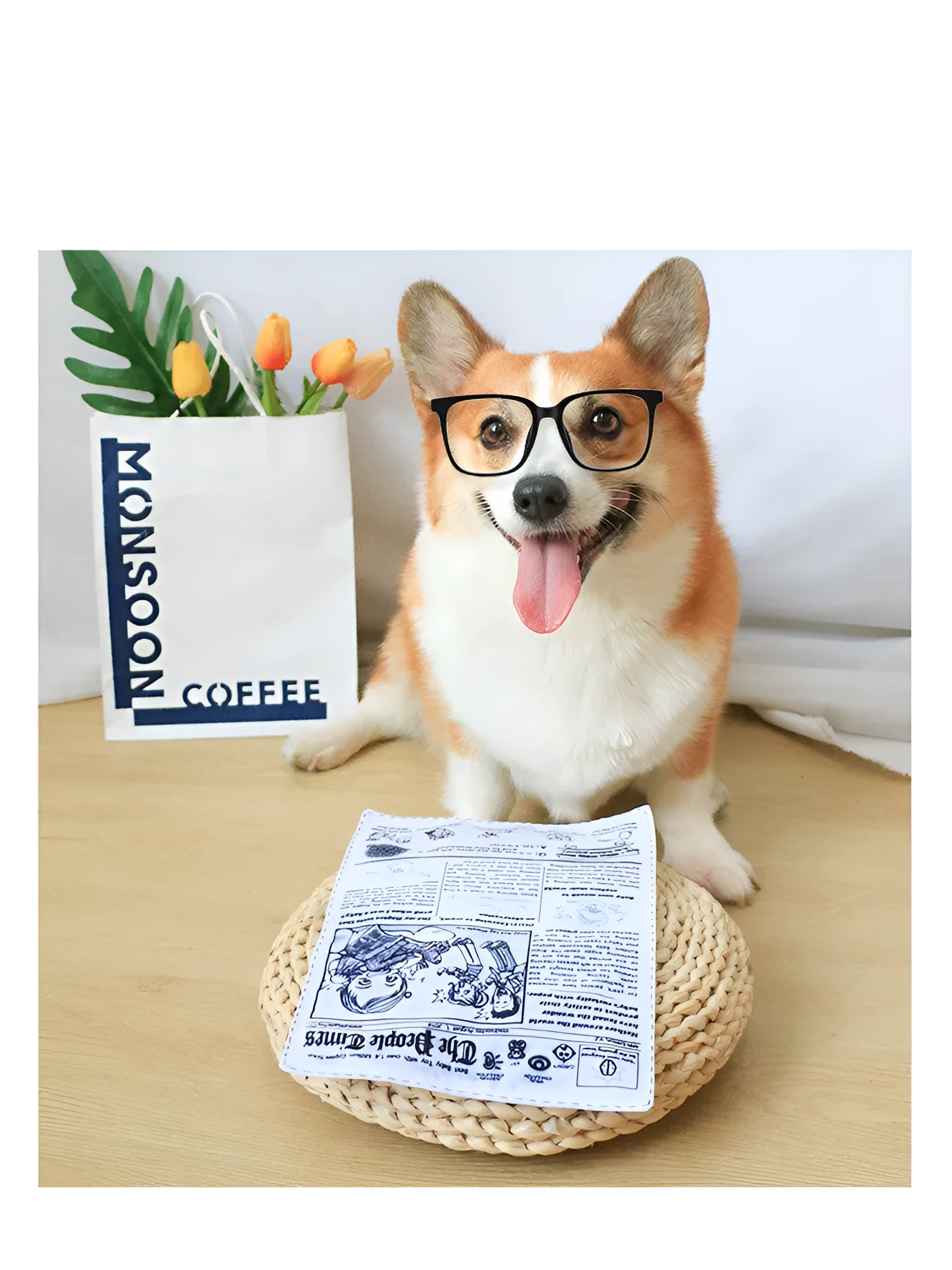 Pet Dog Sound Paper Newspaper Toy in paper newspaper style, 25x18cm, with cloth exterior and sound paper interior, lying on a light background.